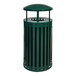 An Ex-Cell Kaiser Streetscape Hunter Green outdoor trash can with a lid.