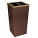 A brown and copper rectangular trash can with a black lid.