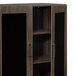 A wooden Safco Mirella display cabinet with black doors and glass panels.