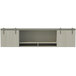 A white shelf with a Safco Mirella white wall-mounted hutch with sliding wood doors.