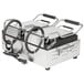 A Waring stainless steel dual panini grill with black handles and a cord.