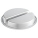 A silver Vollrath round divided food pan with two lids.