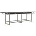 A Safco Mirella stone gray rectangular conference table with metal legs and a shelf.