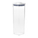 An OXO Good Grips clear square plastic food storage container with a white lid.