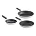 Three Vollrath Wear-Ever non-stick frying pans with black silicone handles.