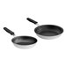 Two Vollrath Wear-Ever aluminum non-stick frying pans with black silicone handles.