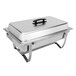A silver stainless steel rectangular Sterno buffet chafer with a black handle and a lid.