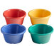 A group of Elite Global Solutions melamine ramekins in assorted colors. The ramekins are yellow, blue, green, and red.