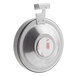 A stainless steel Comark refrigerator/freezer thermometer with a round face and a red and white dial.