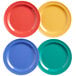 A group of four colorful Elite Global Solutions round melamine plates in assorted colors.