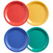 A group of four Elite Global Solutions melamine plates in assorted colors including yellow, red, blue, and blue with a green rim.