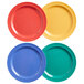 A group of four Elite Global Solutions melamine plates in assorted colors including blue, green, and red.