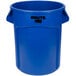 A blue Rubbermaid Brute trash can with black text reading "brute" on it.