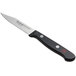 A Wusthof Gourmet paring knife with a black handle and red dots.