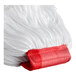A white Carlisle microfiber wet mop head with a red and white string.