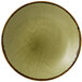 A close up of a green Dudson Harvest china plate with a brown rim.