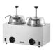 A silver Server Twin Topping Warmer on a counter with two pumps and lids.