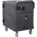 A black Cambro Pro Cart Ultra low profile electric hot holding cabinet with wheels.