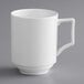 An Acopa Liana bright white porcelain mug with embossed lines and a handle.