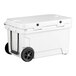 A white CaterGator outdoor cooler with black wheels.