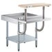 A Regency stainless steel equipment stand with a wooden top and shelf.