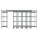 A gray metal Metro Top-Track shelving unit with wheels and shelves.