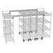 A wireframe Metro top-track rack on wheels with shelves.