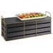 A black rectangular metal riser holding a tray of food.