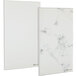 Two white rectangular frameless glass dry erase boards with a white marble pattern.