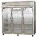 A stainless steel Continental Refrigerator with three glass doors.
