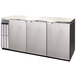 A stainless steel rectangular refrigerator with three doors.