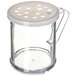 A clear container with a white plastic lid with holes.