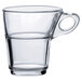 A clear Duralex glass espresso mug with a handle.