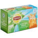 A green and blue Lipton box of iced tea filter bags with orange and green labels.