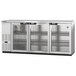 A Hoshizaki stainless steel back bar refrigerator with glass doors.