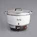 An Avantco white and black liquid propane gas rice cooker with a lid.