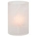 A white candle in a frosted glass cylinder with light inside.
