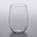 A clear Choice plastic stemless wine glass on a white surface.