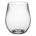 A Visions clear plastic stemless wine glass with a curved bottom.