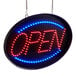 A white LED sign with blue and red lights that says "Open" with an acrylic cover.