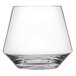 A close up of a Schott Zwiesel stemless wine glass with a curved edge on a white background.