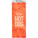A red paper hot dog bag with orange and white text on a white background.