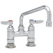 A chrome T&S deck-mounted pantry faucet with two handles and an 8" swing nozzle.