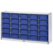 A blue and white Rainbow Accents storage unit with blue bins on a shelf.