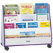 A purple and gray Rainbow Accents double-sided book stand with many children's books on it.