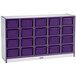 A white storage cabinet with purple bins on the shelves.