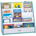A blue and white Rainbow Accents book rack filled with books.