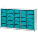 A white and blue Rainbow Accents storage unit with blue bins on the shelves.