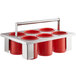 A Steril-Sil stainless steel drop-in flatware basket with red containers inside.