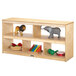 A Jonti-Craft wooden shelf with toys on it.